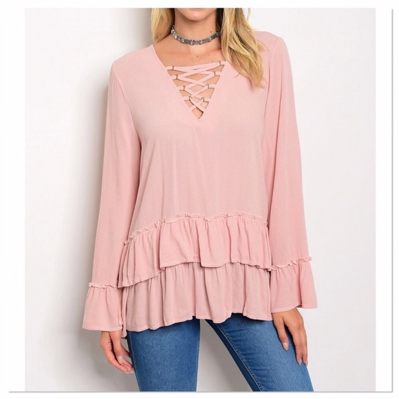 🚨 SALE!! LAST ONE! Blush Lace Up Top - Picture 2 of 4